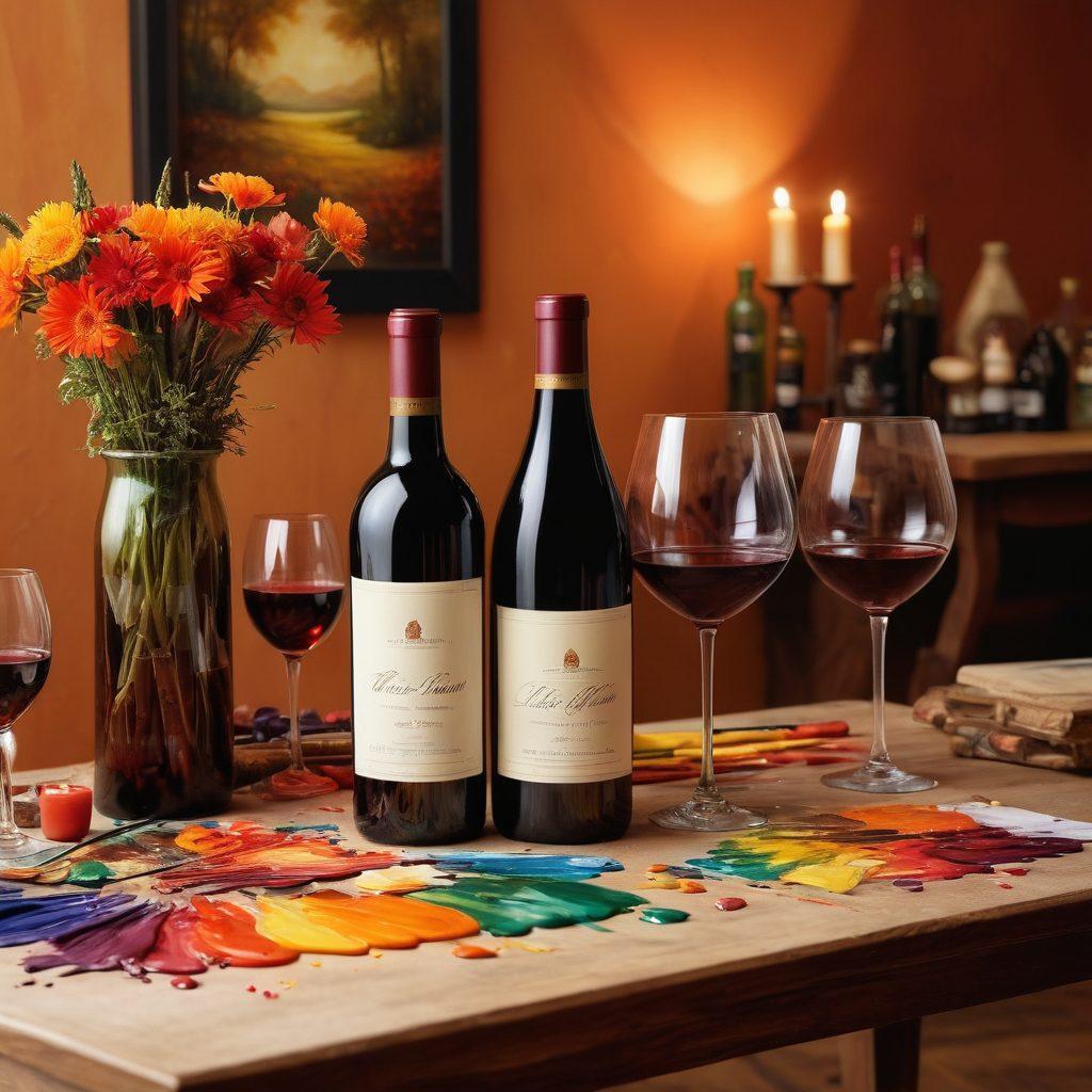 A beautifully arranged table featuring an exquisite wine bottle and glasses, surrounded by colorful paintbrushes, vibrant palettes, and art canvases depicting wine themes. The setting should radiate warmth, with soft lighting highlighting the textures of the wine and art supplies. Incorporate a backdrop of an art studio with indistinct paintings on the walls to enhance the creative atmosphere. super-realistic. warm colors. soft lighting.