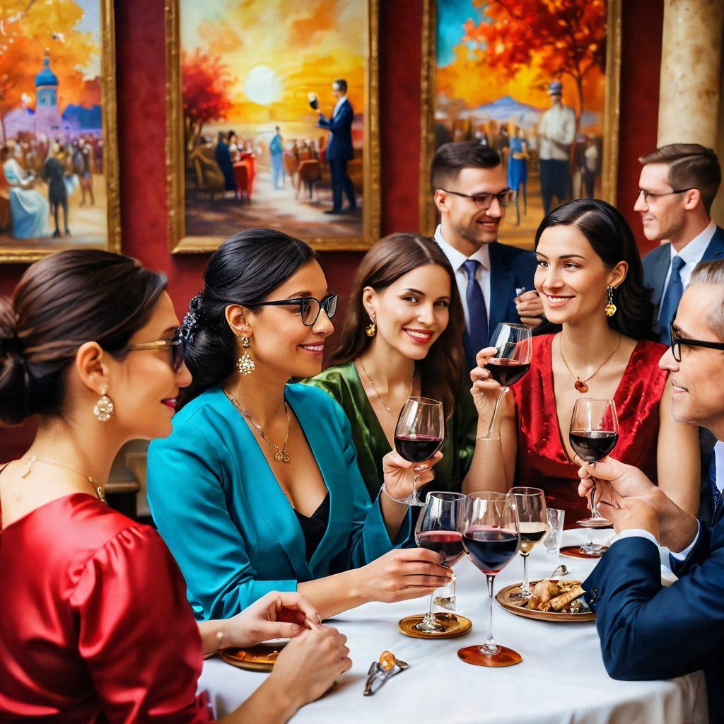 An elegant wine tasting scene featuring a diverse group of people enjoying fine art against a backdrop of vibrant cultural celebrations, with colorful paintings and sculptures surrounding them. Glasses of wine glinting in the sunlight, with rich textures of the artwork reflecting on their surfaces. Include elements representing different cultures, like traditional costumes and distinct art styles. The atmosphere is festive yet sophisticated. super-realistic. vibrant colors. soft bokeh background.