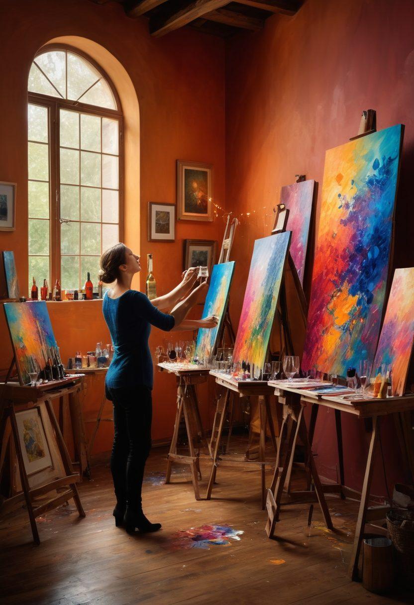 A whimsical scene depicting a vibrant art studio filled with colorful paintings and easels, surrounded by bottles of fine wine. An artist passionately painting with one hand while holding a glass of wine in the other, with splashes of color cascading in the air. Soft warm lighting enhancing the creative atmosphere, blending the worlds of art and wine harmoniously. fantastical style. vibrant colors.